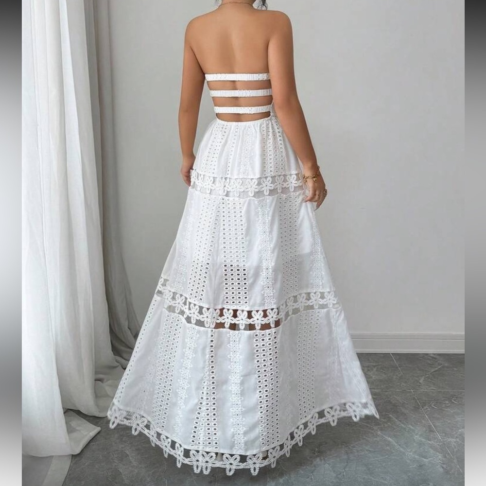 Boho White Eyelet Strap Back Strapless Smocked Bodice Maxi Wedding Evening Dress